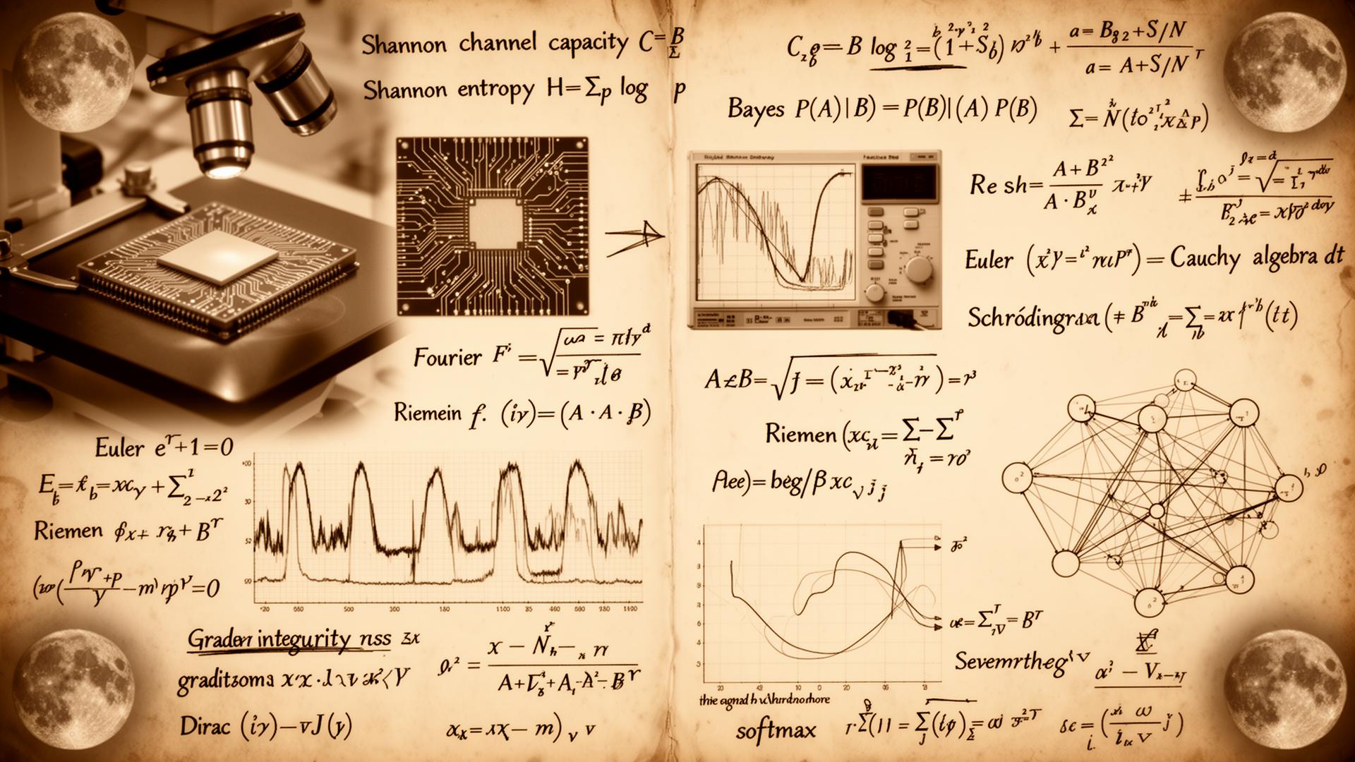 A warm sepia mathematical rendering of a semiconductor lab experiment dense with handwritten and typed equations