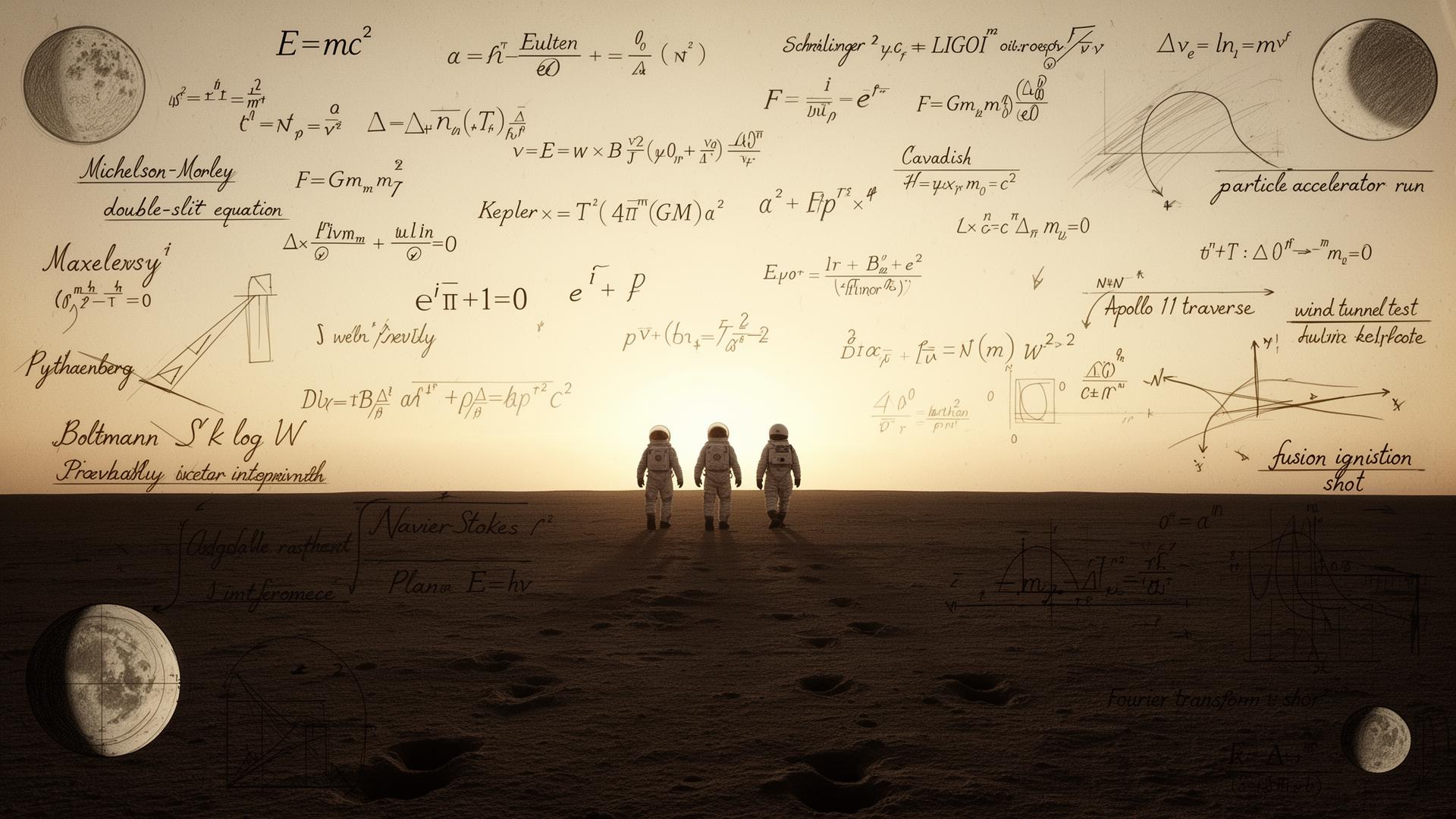 A panoramic distance shot of three astronauts walking the horizon, the sky filled with handwritten and typed mathematical equations and references to landmark experiments